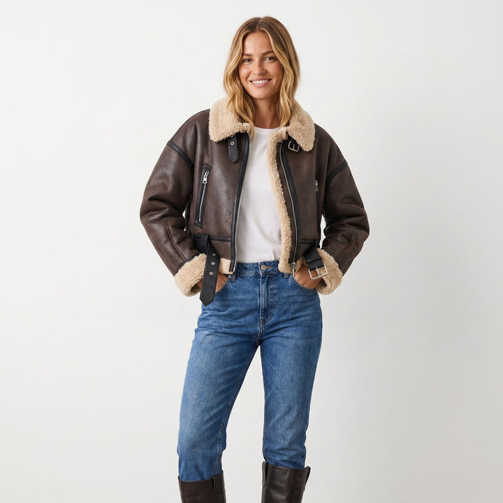 Vashti Women Belted Faux Leather Plush Collar Aviator Jacket