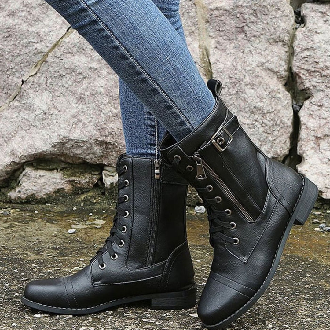 Flossie | Women Lace Up Side Zip Combat Boots