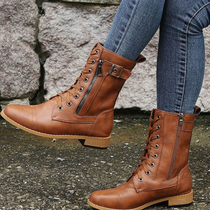 Flossie | Women Lace Up Side Zip Combat Boots