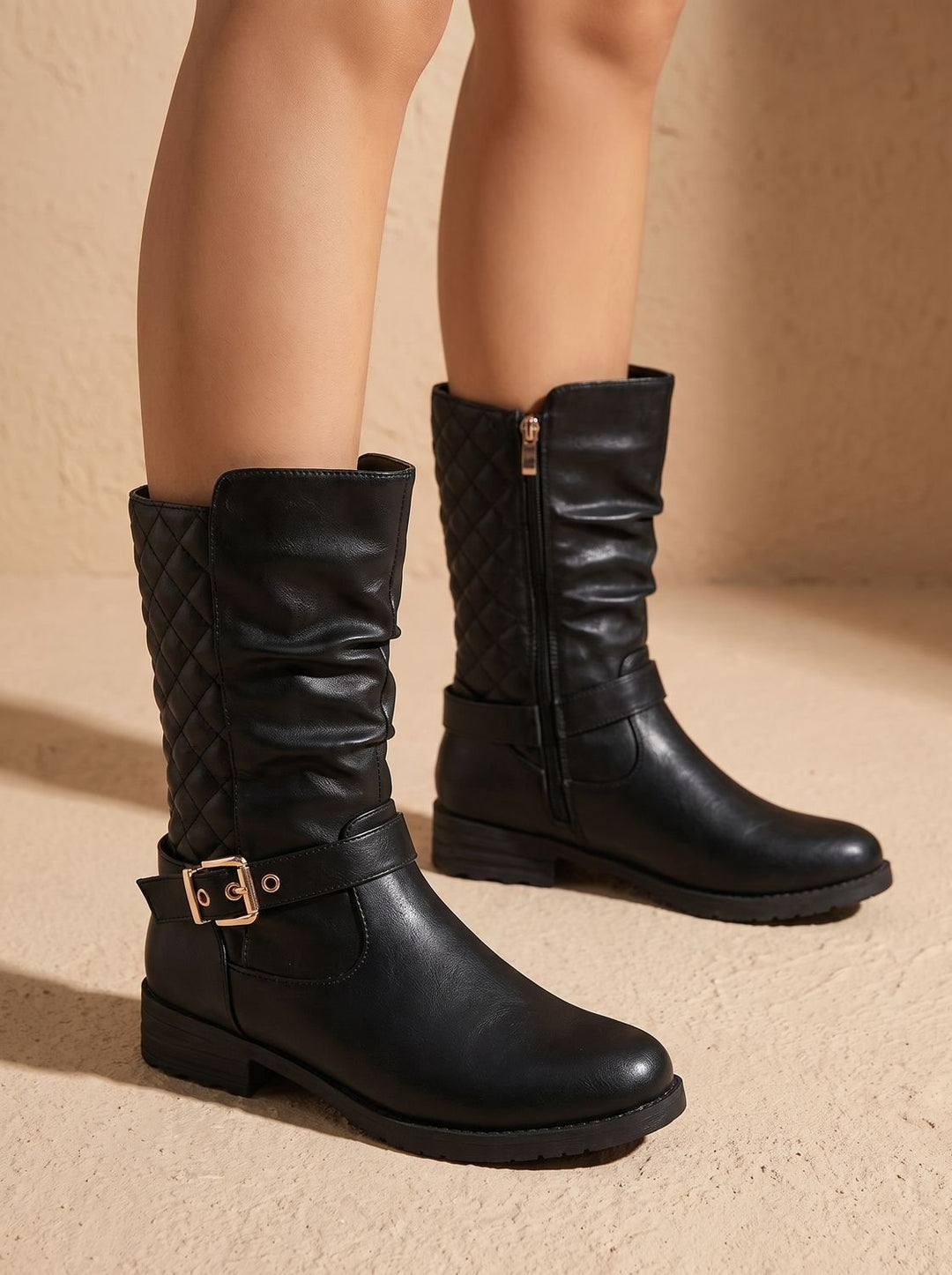 Gaynor Women Ruched Buckle Strap Side Zip Winter Boots