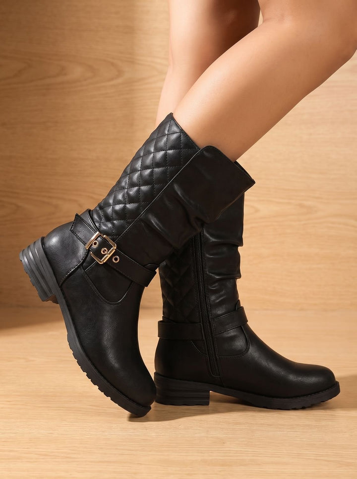 Gaynor Women Ruched Buckle Strap Side Zip Winter Boots