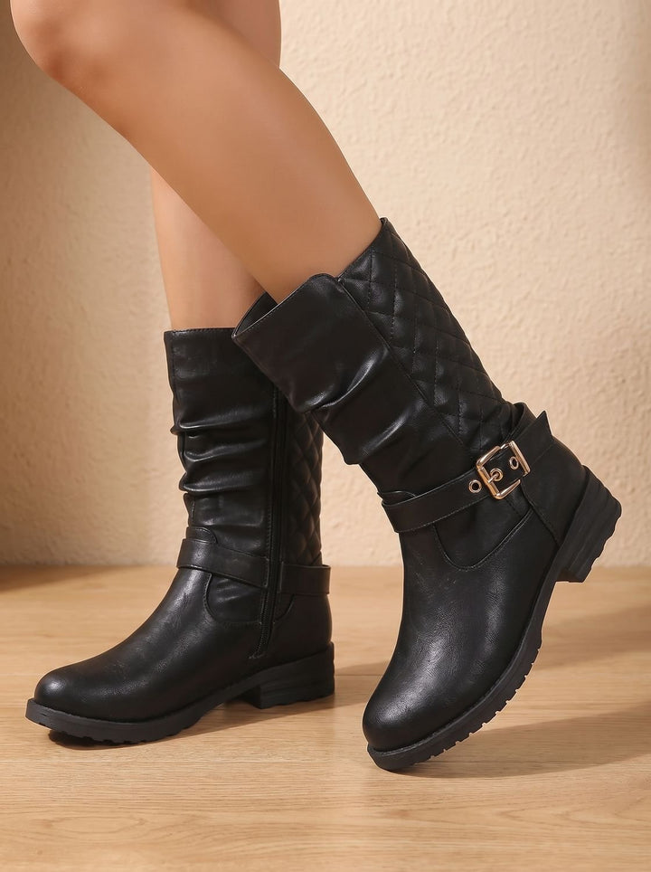 Gaynor Women Ruched Buckle Strap Side Zip Winter Boots