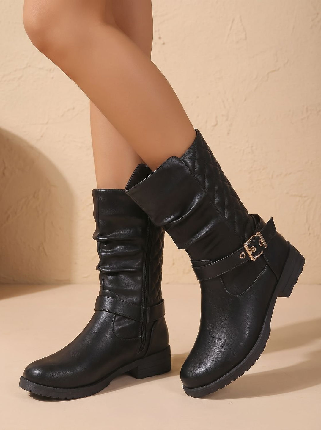 Gaynor Women Ruched Buckle Strap Side Zip Winter Boots