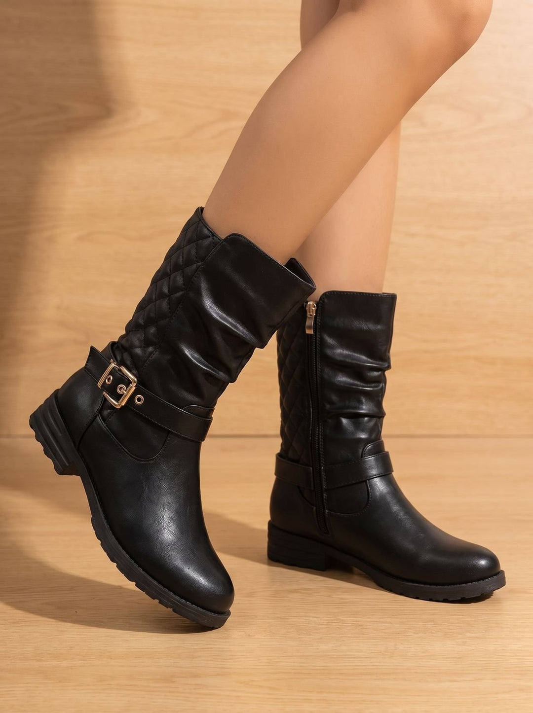 Gaynor Women Ruched Buckle Strap Side Zip Winter Boots