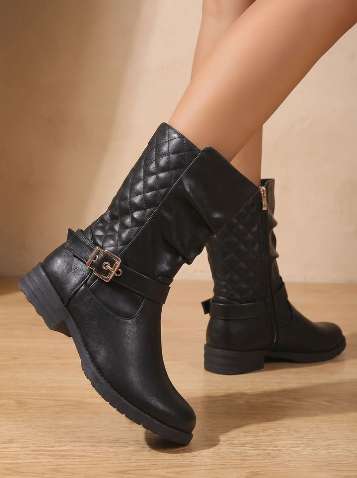 Gaynor Women Ruched Buckle Strap Side Zip Winter Boots