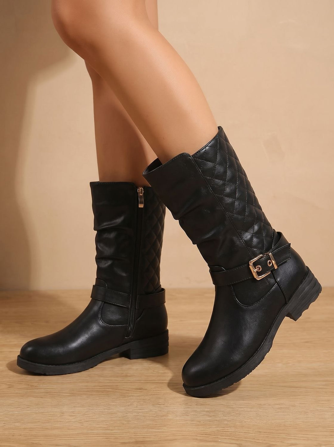 Gaynor Women Ruched Buckle Strap Side Zip Winter Boots