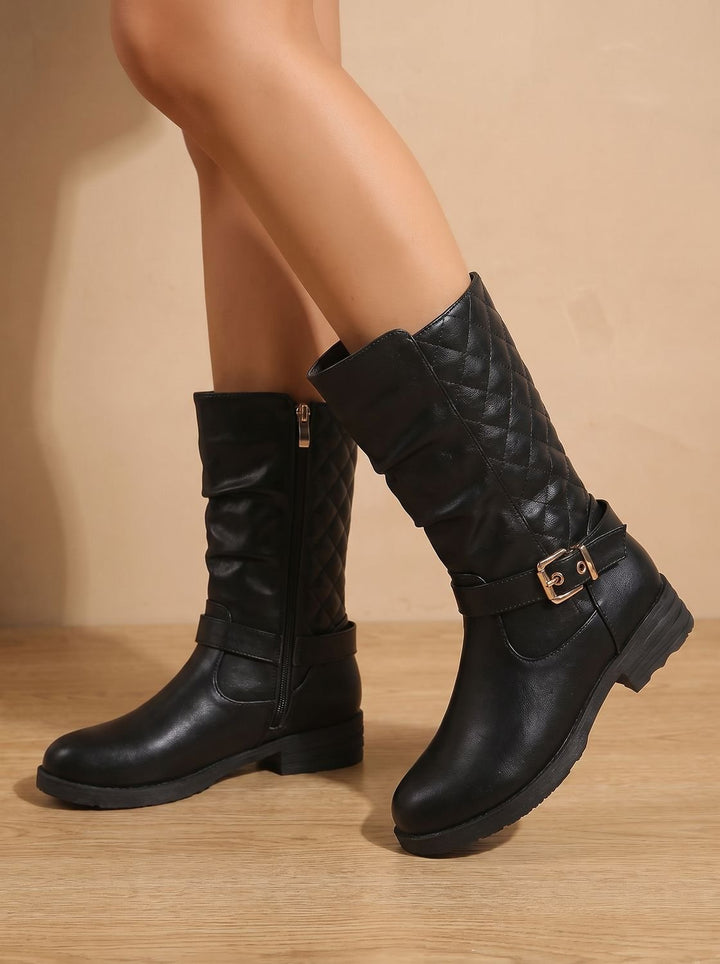 Gaynor Women Ruched Buckle Strap Side Zip Winter Boots