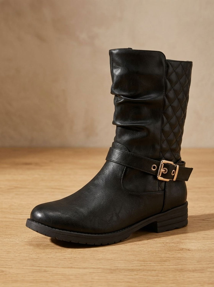 Gaynor Women Ruched Buckle Strap Side Zip Winter Boots