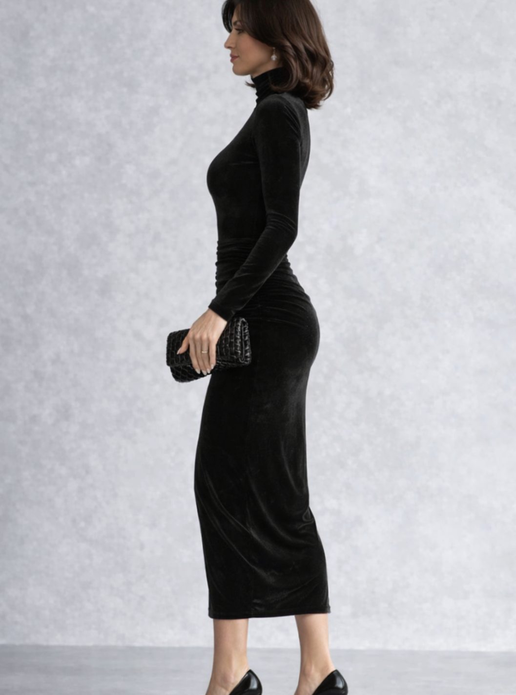 Candace Women Ruched Velvet Turtleneck Midi Black Cocktail Dress