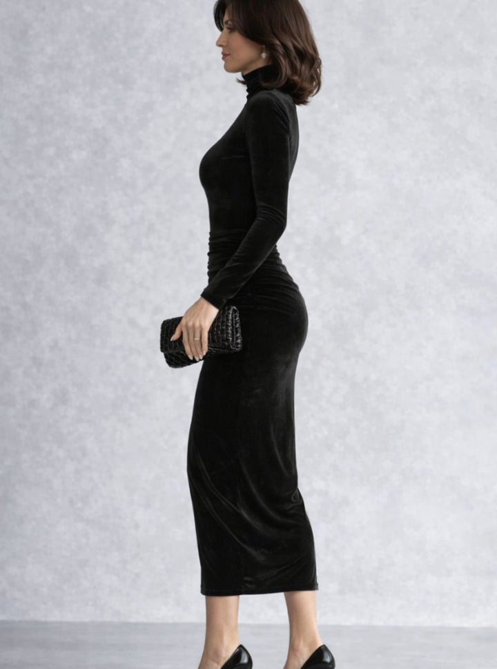 Candace Women Ruched Velvet Turtleneck Midi Black Cocktail Dress