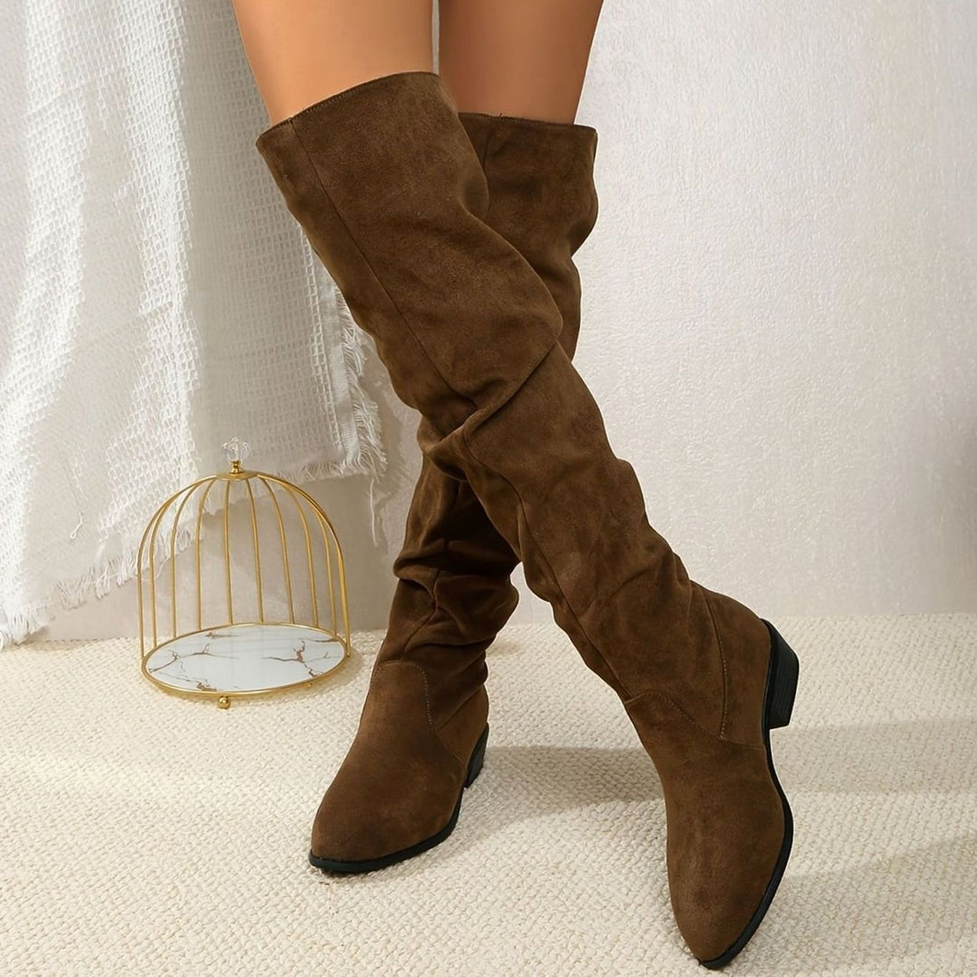 Xiomara Women Slouch Faux Suede Block Heel Thigh High Boots
