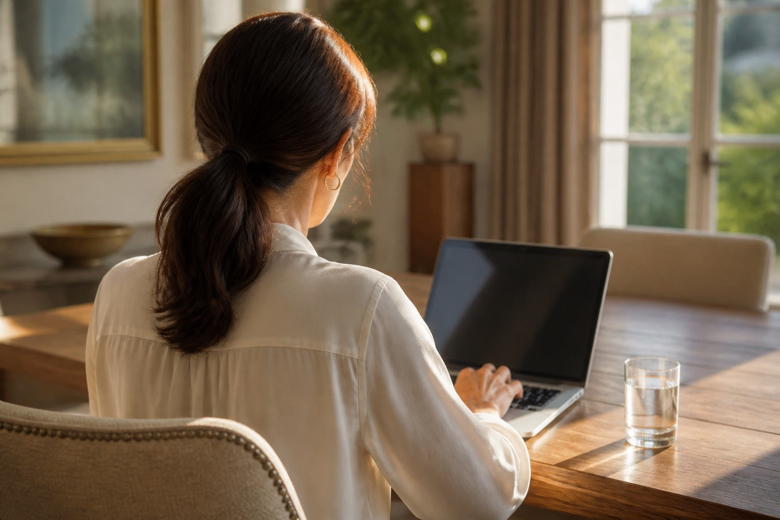 A woman working at a laptop, seen from behind